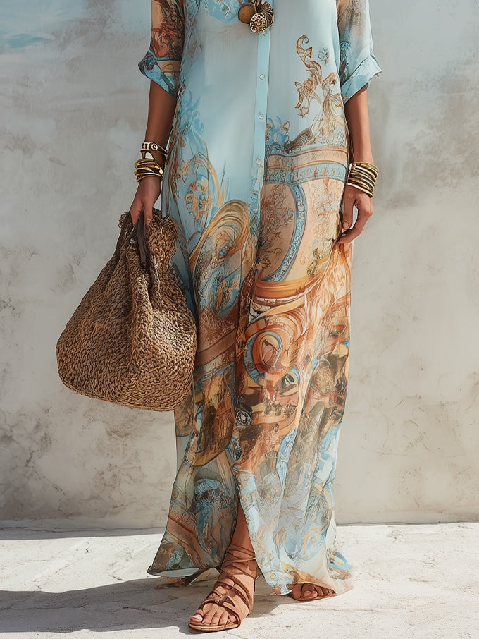 Valeria | Vestido Maxi con Estampado Floral Azul para Vacaciones