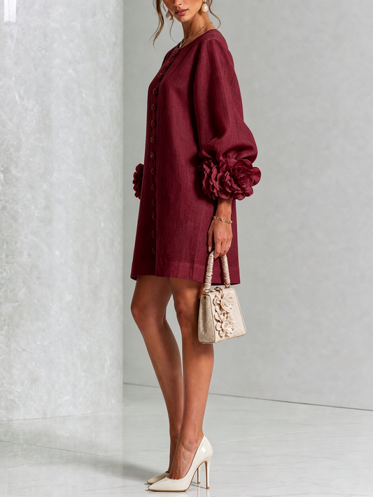 Ilaria Vestido Mini en Mezcla de Lino con Puños de Rosa