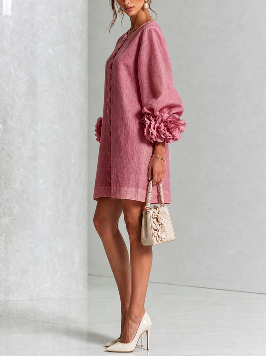 Alba Vestido Mini en Mezcla de Lino con Puños de Rosa