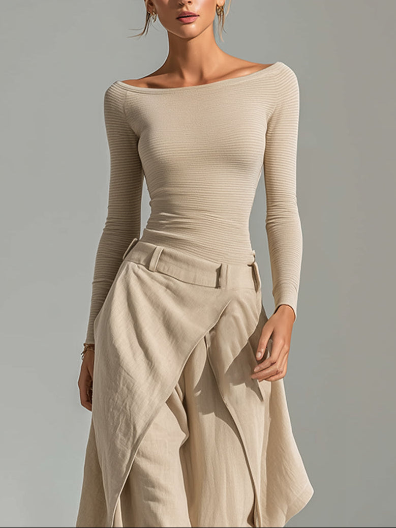 Giuliana | Conjunto de Top Beige de Cuello Barco y Pantalón de Pierna Ancha en Capas