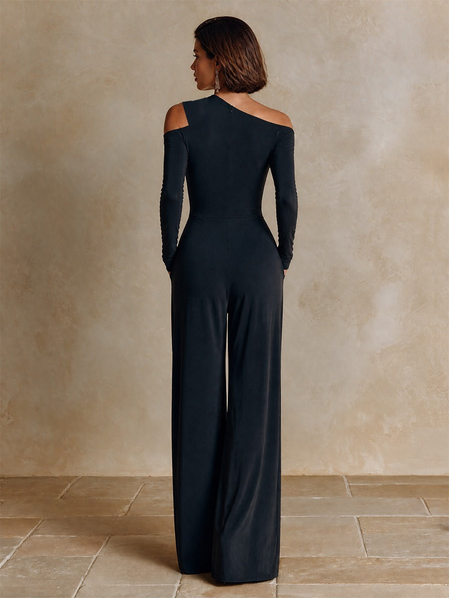 Raffaella | Mono de Fiesta Negro de Un Hombro con Pantalón de Pierna Ancha