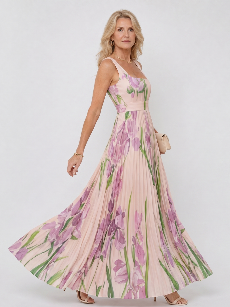 Robe Midi Sans Manches en Satin avec Décolleté Carré et Plis Élégants