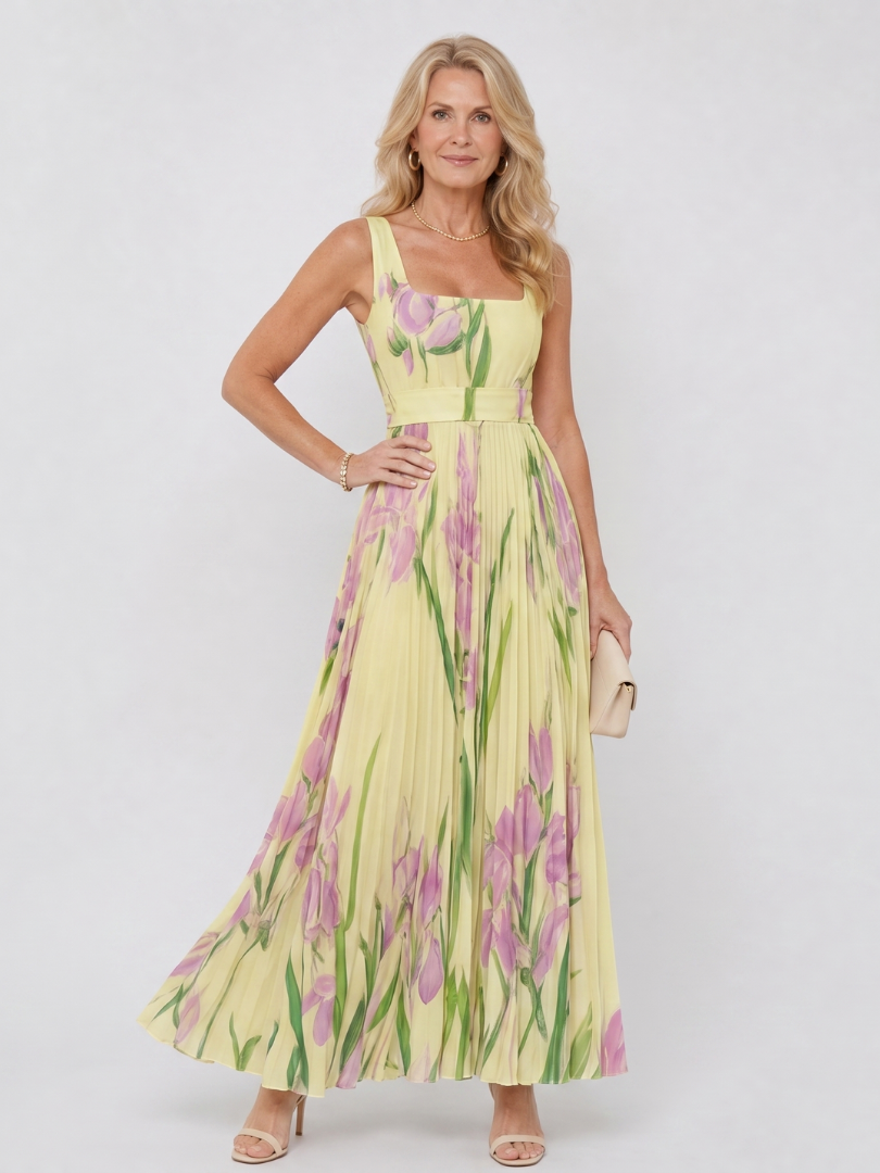 Robe Midi Sans Manches en Satin avec Décolleté Carré et Plis Élégants