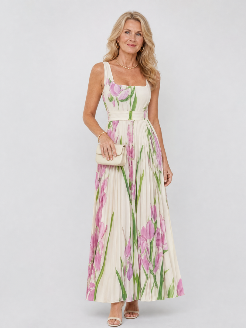Robe Midi Sans Manches en Satin avec Décolleté Carré et Plis Élégants