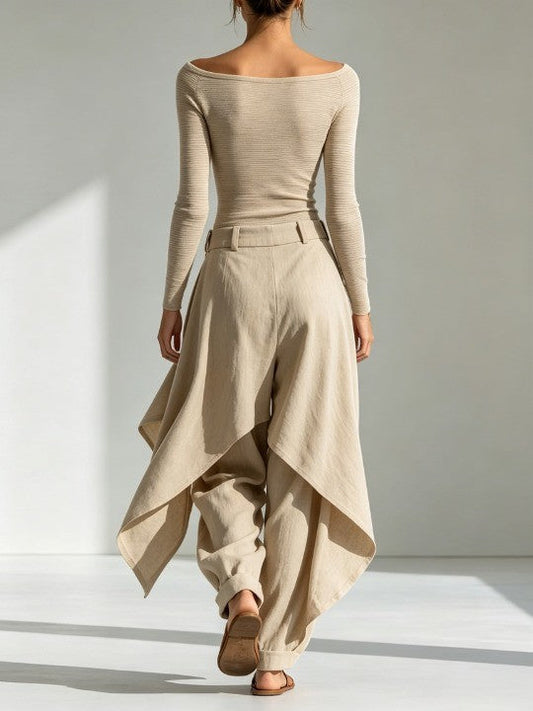 Giuliana | Conjunto de Top Beige de Cuello Barco y Pantalón de Pierna Ancha en Capas