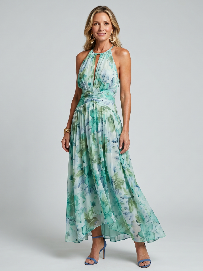 Robe Midi Portia en Crêpe Plissé avec Col Halter et Imprimé Floral