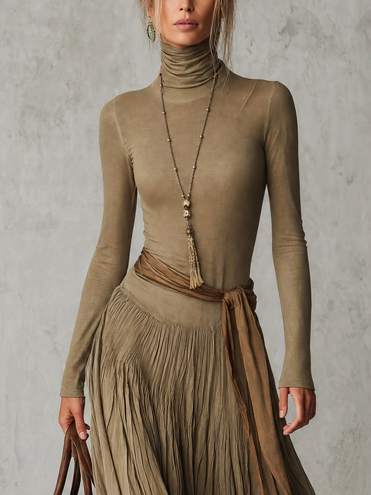 Júlia -  Vestido Maxi Plisado Elegante de Cuello Alto y Manga Larga con Lazo en la Cintura