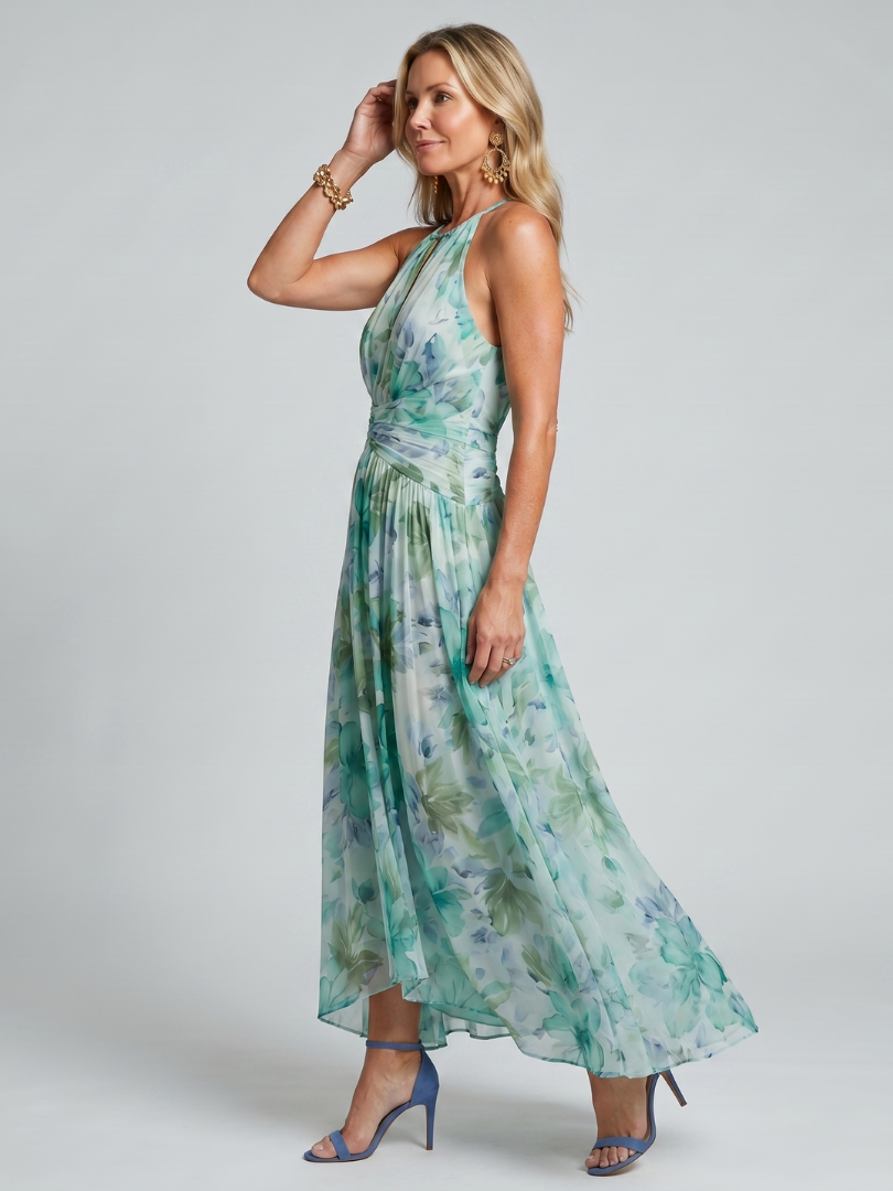 Robe Midi Portia en Crêpe Plissé avec Col Halter et Imprimé Floral