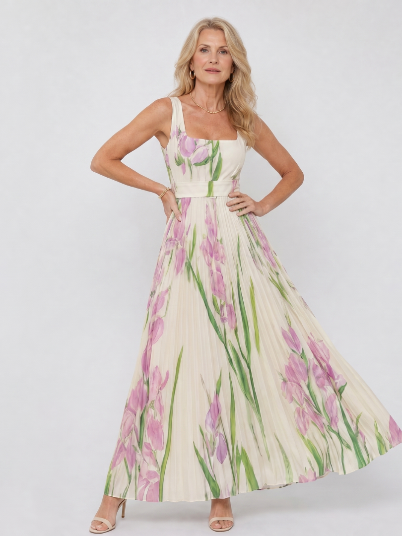 Robe Midi Sans Manches en Satin avec Décolleté Carré et Plis Élégants