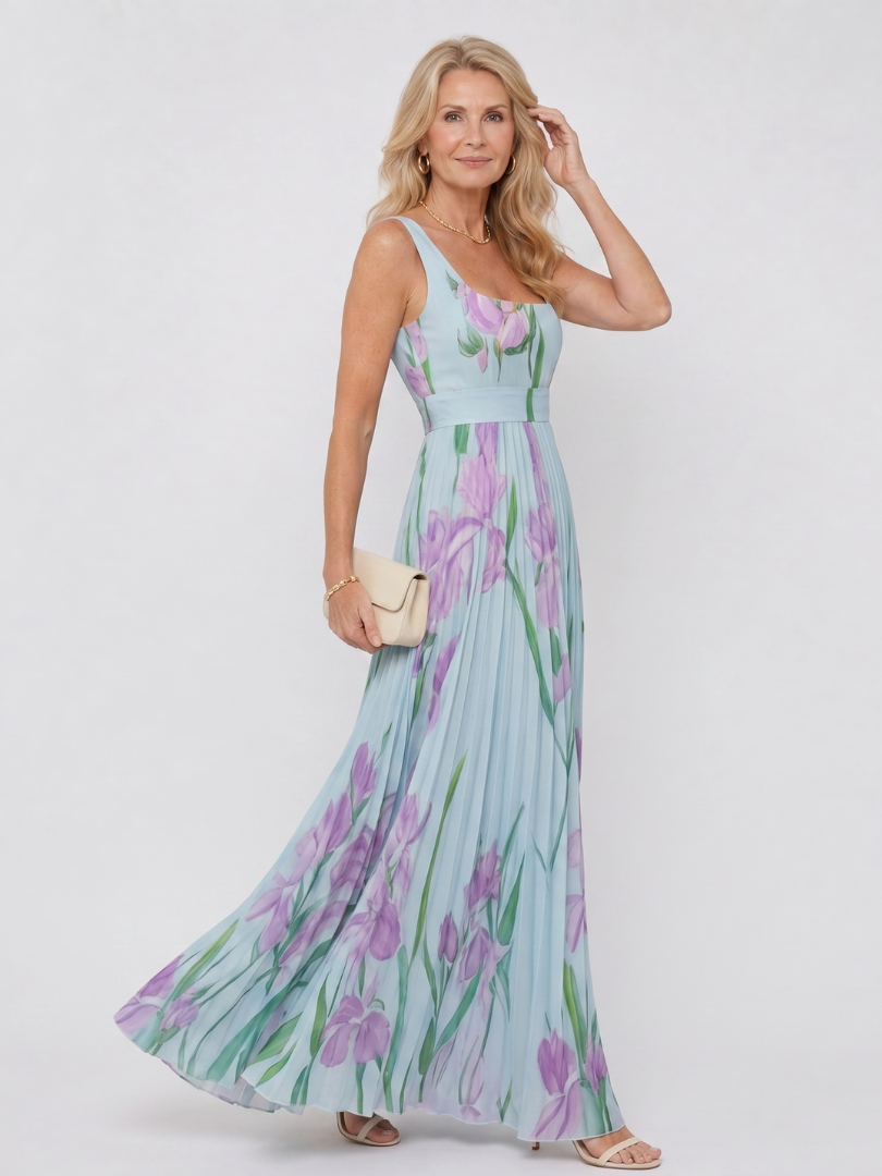 Robe Midi Sans Manches en Satin avec Décolleté Carré et Plis Élégants