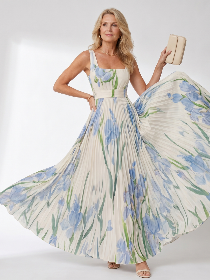Robe Midi Sans Manches en Satin avec Décolleté Carré et Plis Élégants