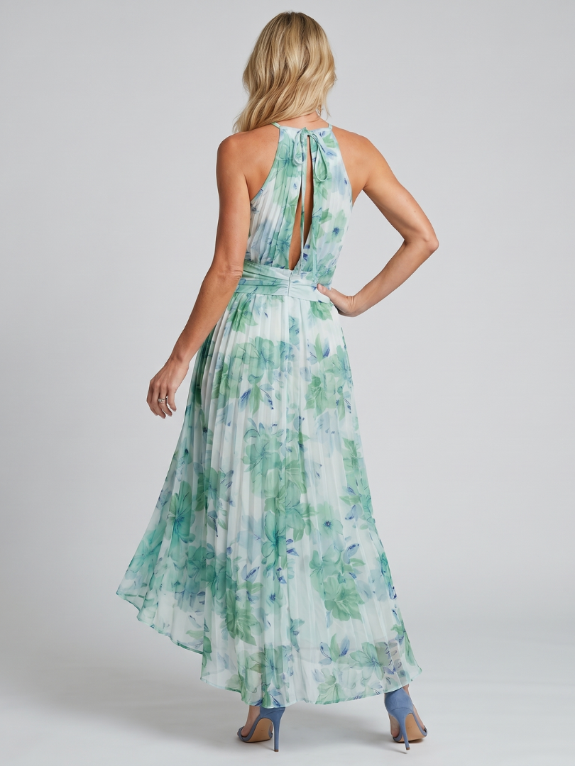 Robe Midi Portia en Crêpe Plissé avec Col Halter et Imprimé Floral