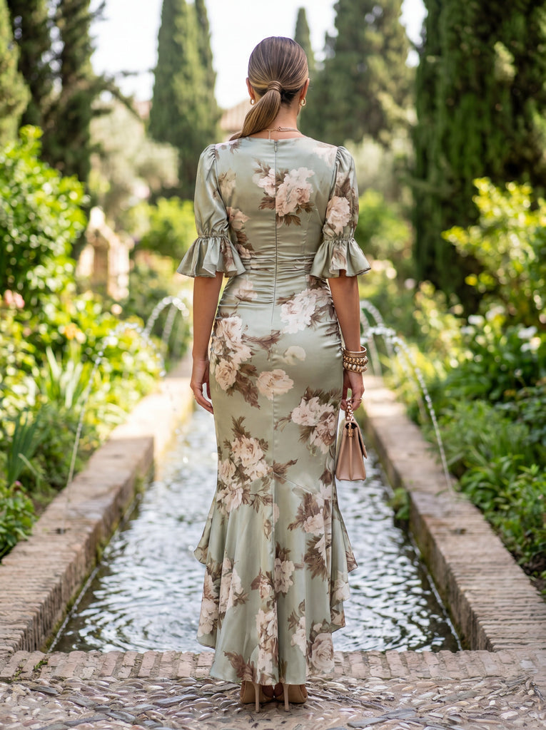 Robe longue asymétrique en satin vert avec décolleté en V - Ana