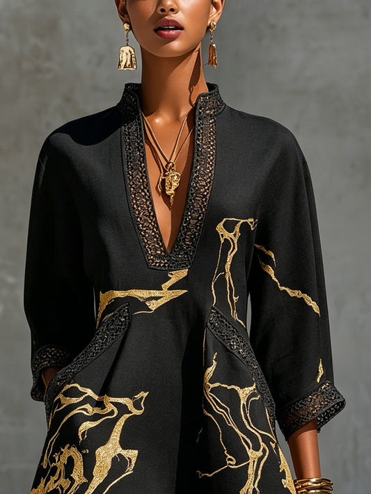 Donatella Vestido Mini con estampado de mármol dorado y encaje de ganchillo