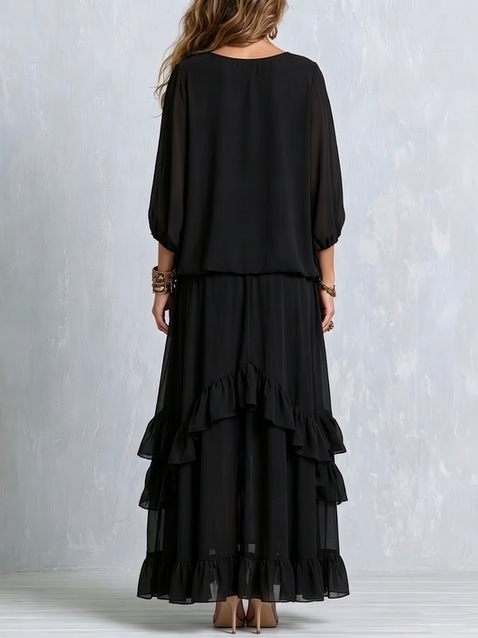 Elvira | Conjunto de Top de Gasa Negro con Escote en V y Flecos Combinado con Falda de Volantes en Capas