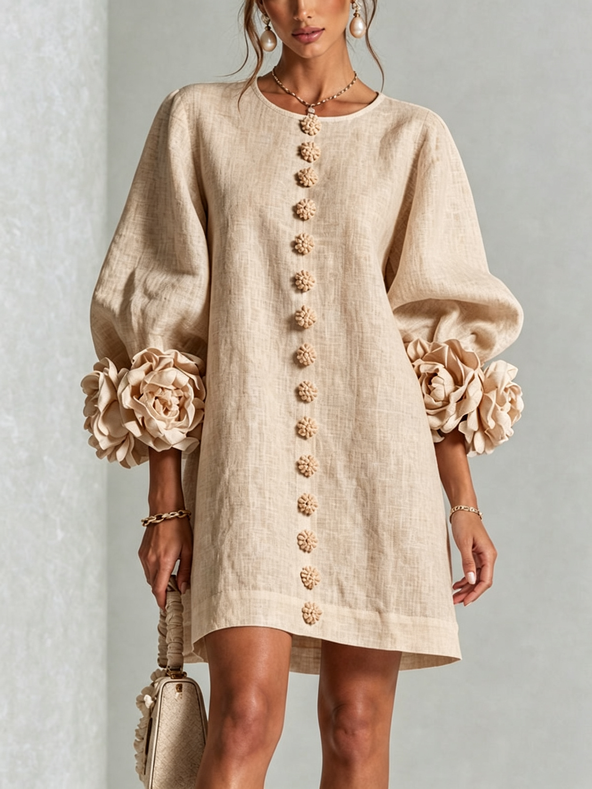 Ambra Vestido Mini en Mezcla de Lino con Puños de Rosa