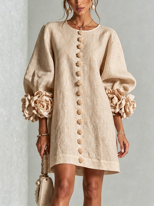 Ambra Vestido Mini en Mezcla de Lino con Puños de Rosa