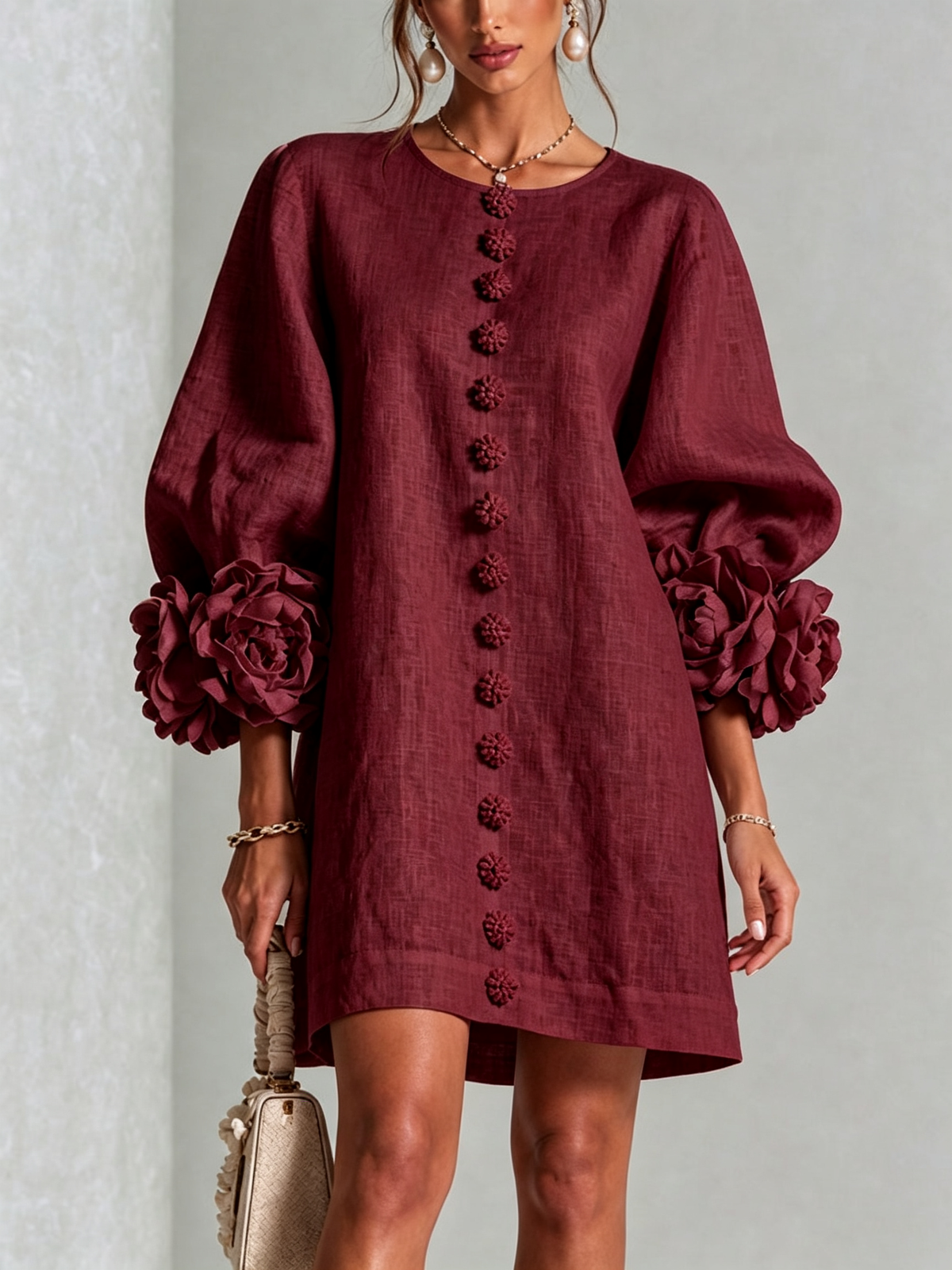 Ilaria Vestido Mini en Mezcla de Lino con Puños de Rosa