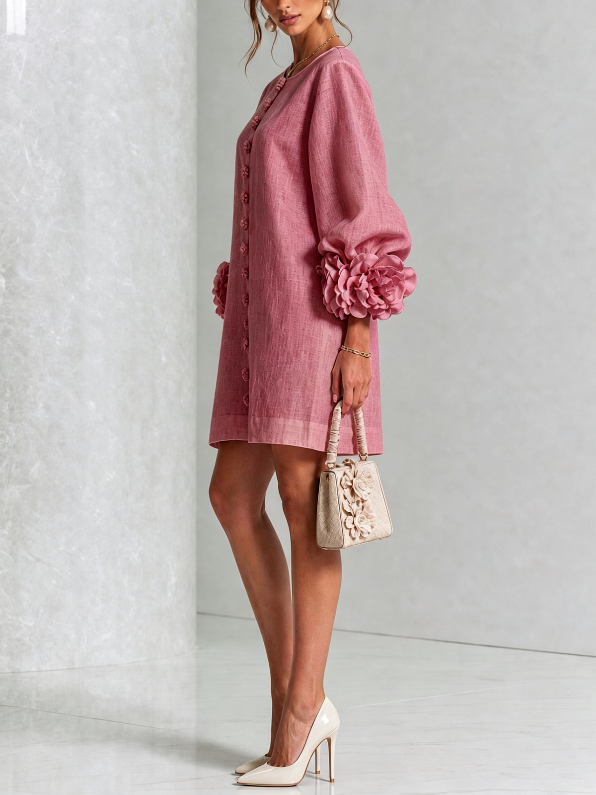 Alba Vestido Mini en Mezcla de Lino con Puños de Rosa