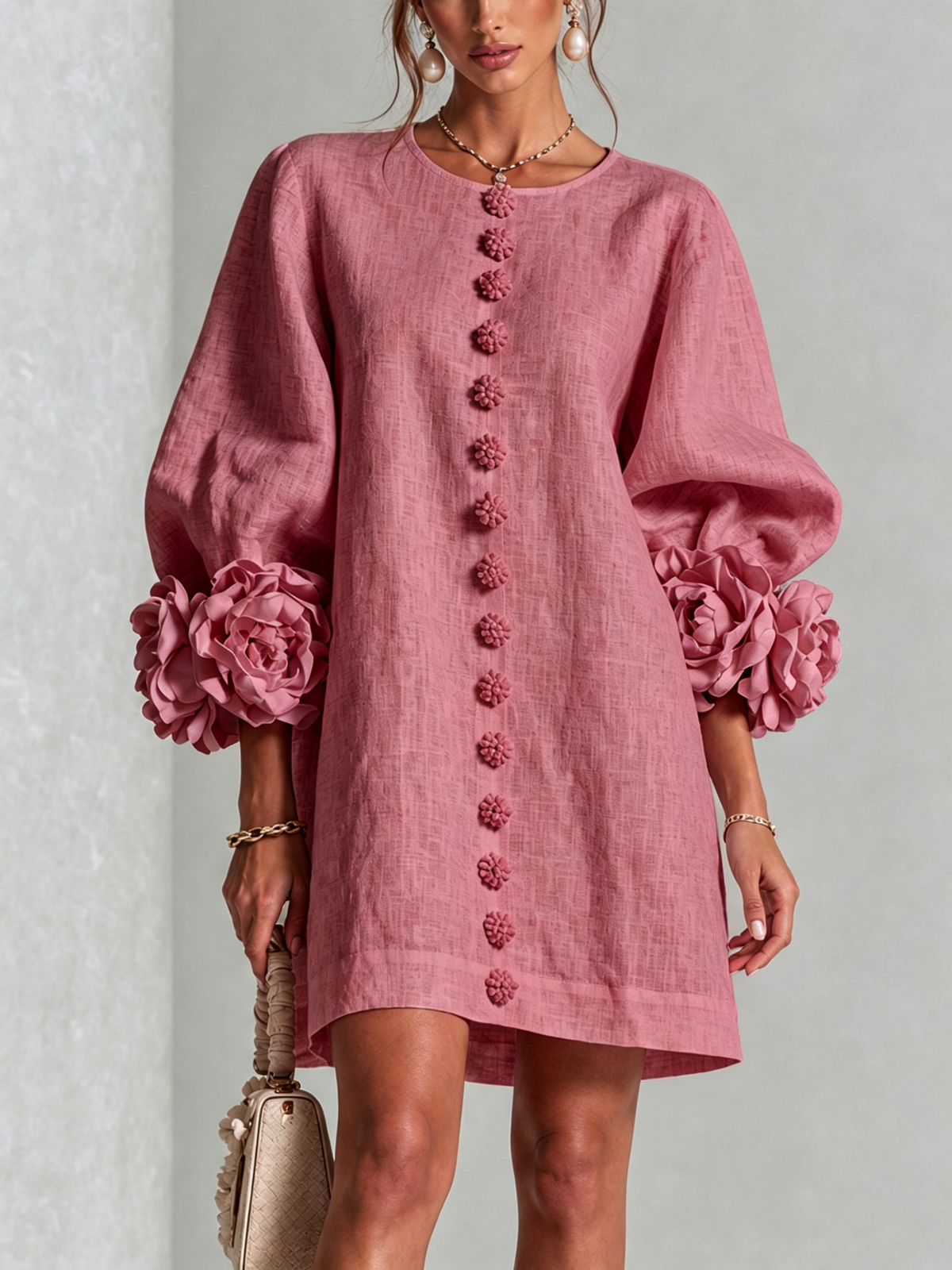 Alba Vestido Mini en Mezcla de Lino con Puños de Rosa