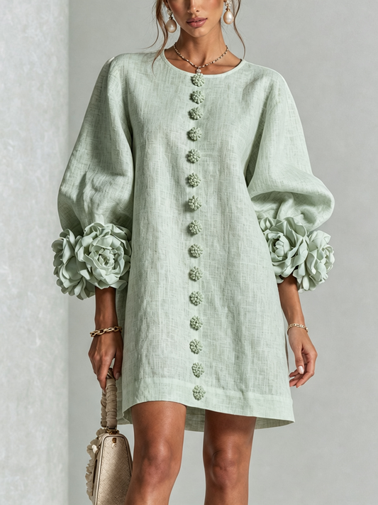 Delia Vestido Mini en Mezcla de Lino con Puños de Rosa