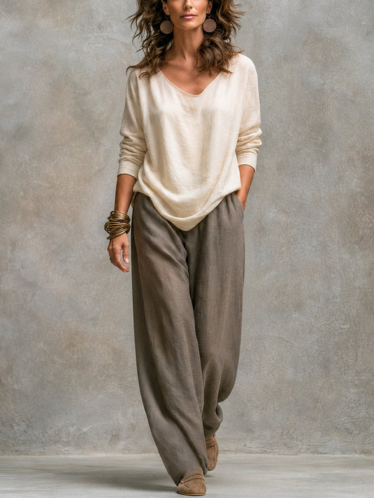 Costanza | Conjunto de Tres Piezas Beige y Gris, Casual en Capas, con Pantalón Palazzo, Elegante