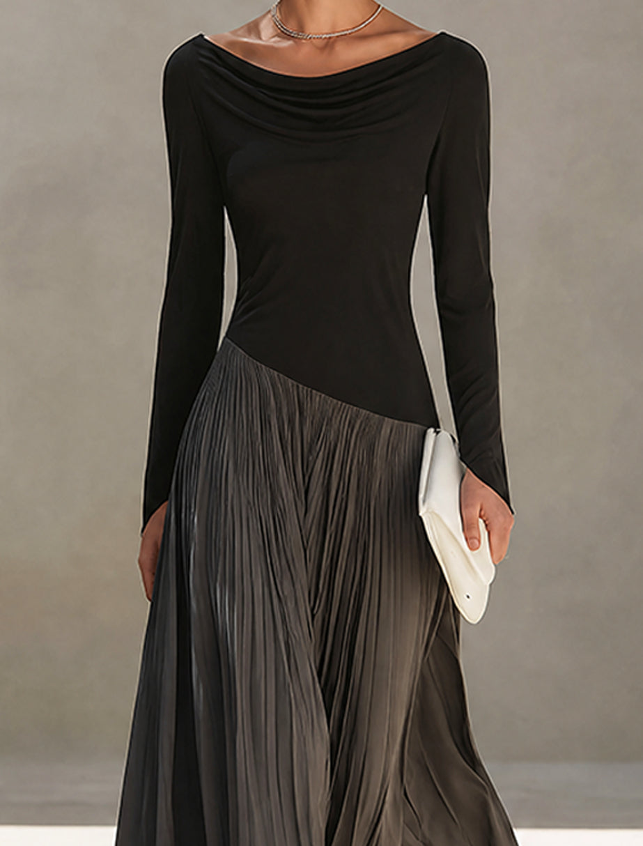 Marina | Vestido Maxi Plisado con Cuello Drapeado Bicolor Negro y Gris