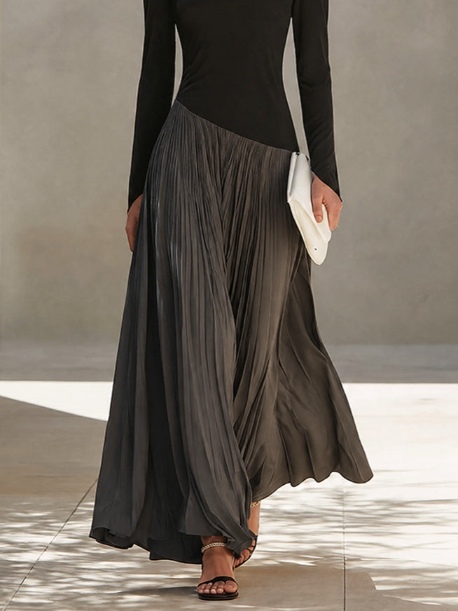 Marina | Vestido Maxi Plisado con Cuello Drapeado Bicolor Negro y Gris