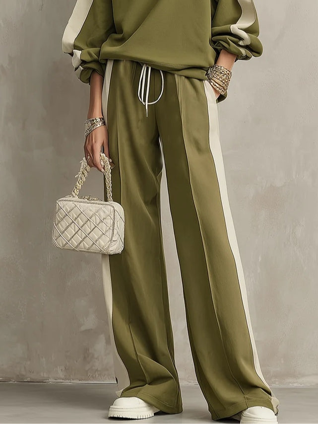 Sonia | Conjunto Casual de Sudadera Verde Oliva de Cuello Redondo y Pantalón Ancho con Cordón