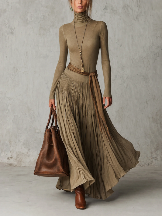 Júlia -  Vestido Maxi Plisado Elegante de Cuello Alto y Manga Larga con Lazo en la Cintura