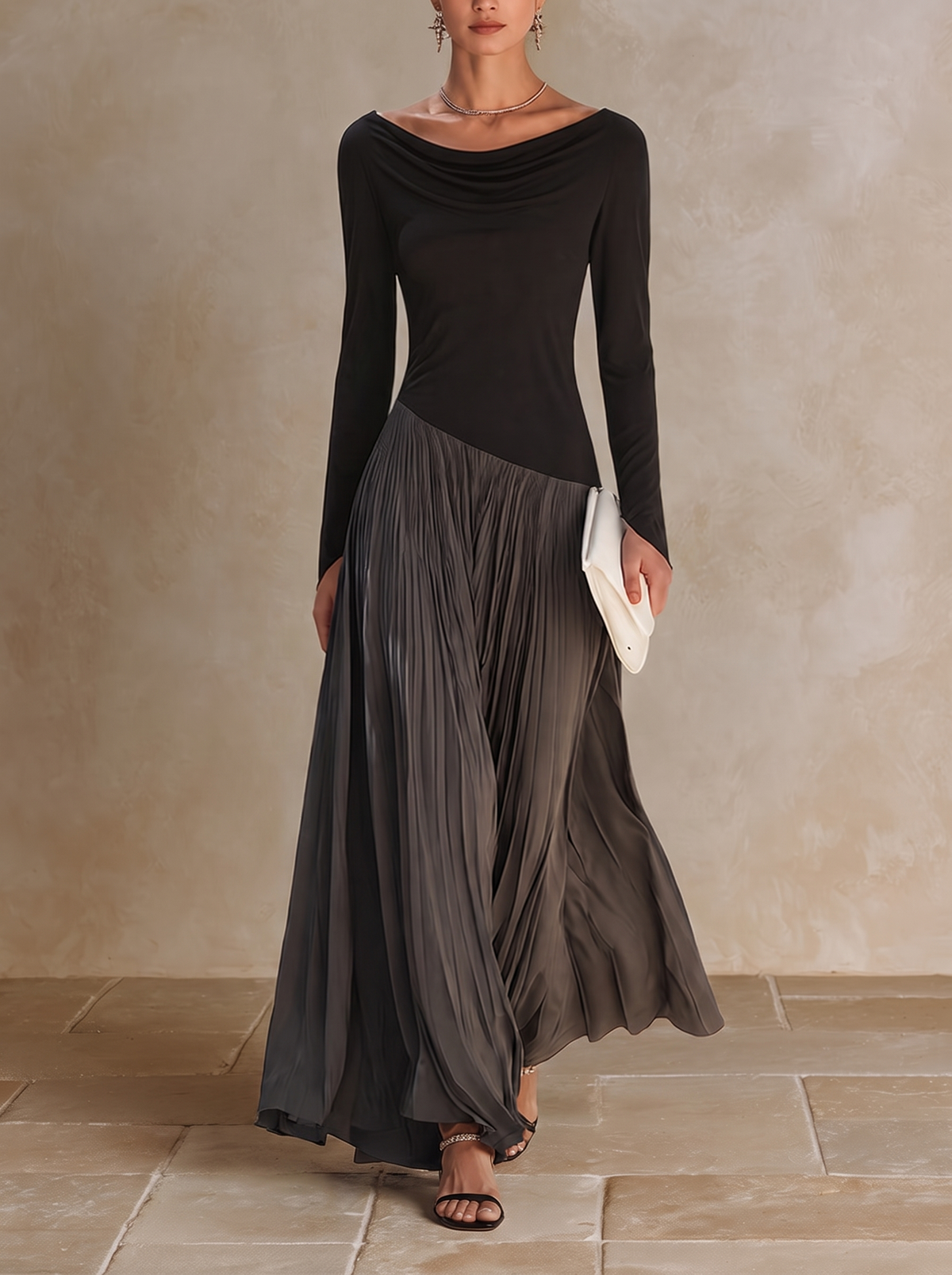 Marina | Vestido Maxi Plisado con Cuello Drapeado Bicolor Negro y Gris