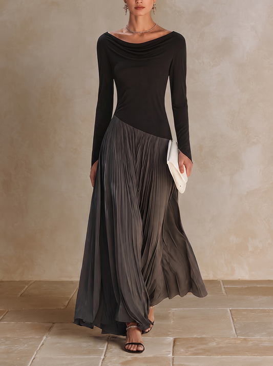 Marina | Vestido Maxi Plisado con Cuello Drapeado Bicolor Negro y Gris