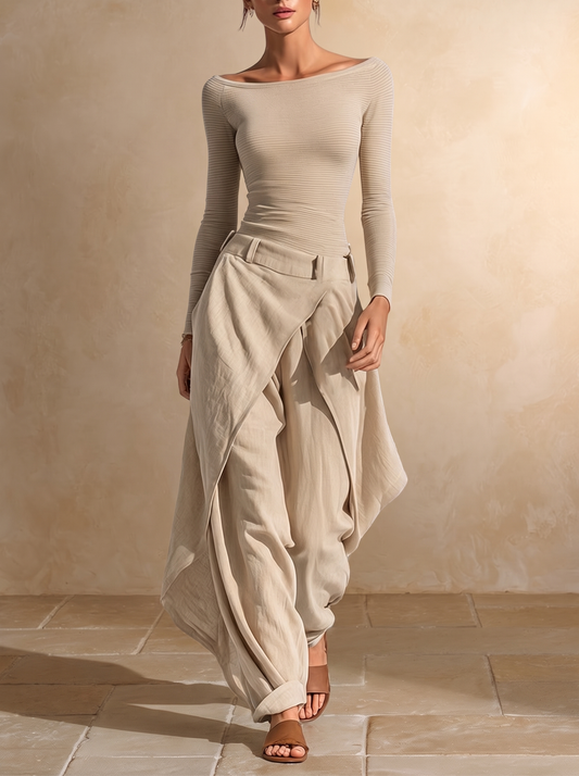 Giuliana | Conjunto de Top Beige de Cuello Barco y Pantalón de Pierna Ancha en Capas