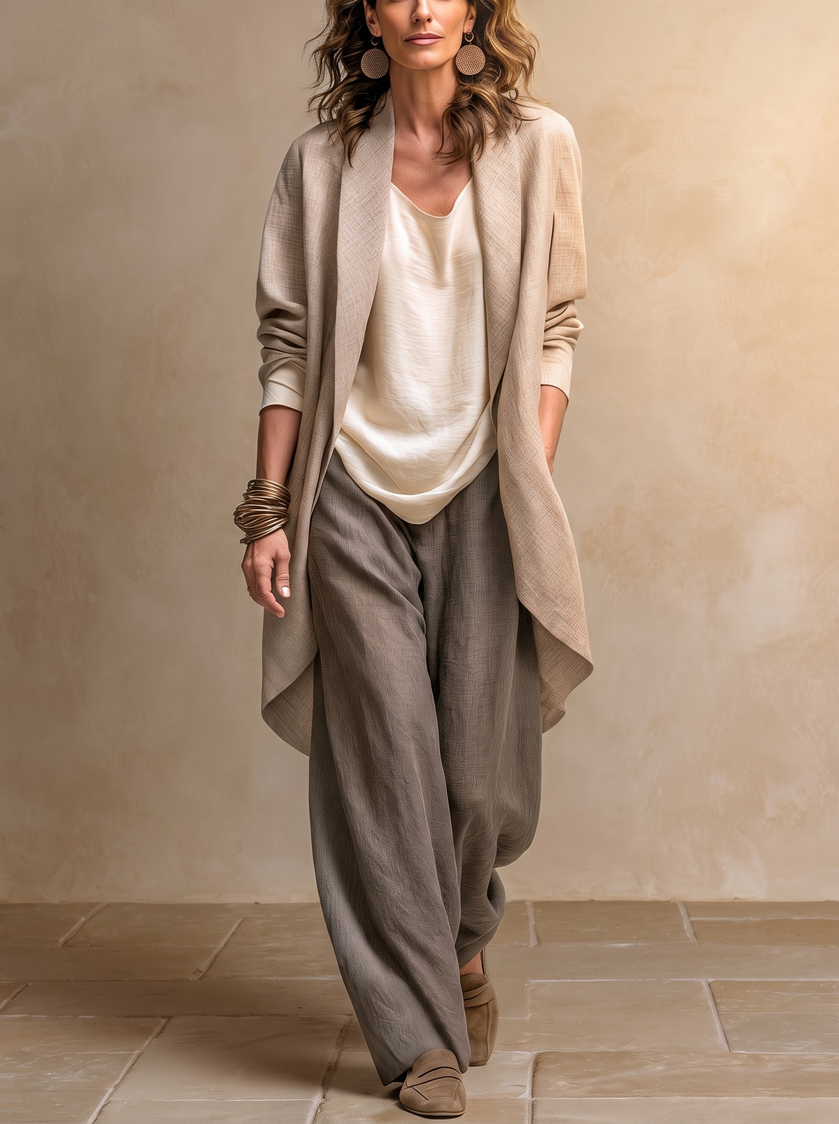 Costanza | Conjunto de Tres Piezas Beige y Gris, Casual en Capas, con Pantalón Palazzo, Elegante